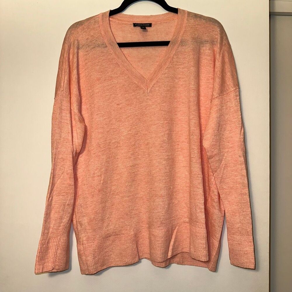 Eileen Fisher Women’s Large Organic Linen Pink V Neck Sweater Sleeve NWOT